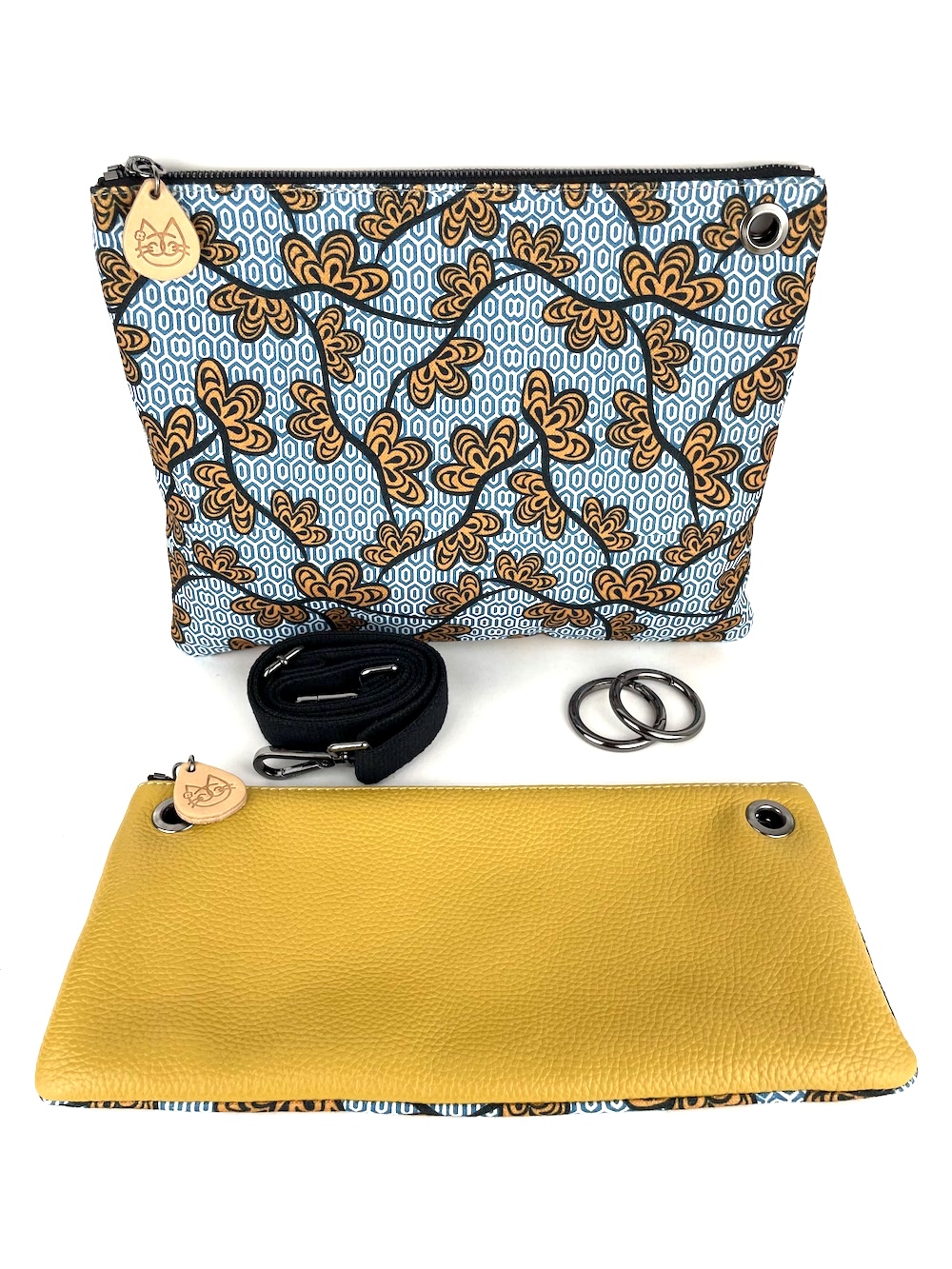 borsa-tracolla-componibile-pelle-gialla-ocra-cotone-fantasia-fiori-giallo-azzurro-0001