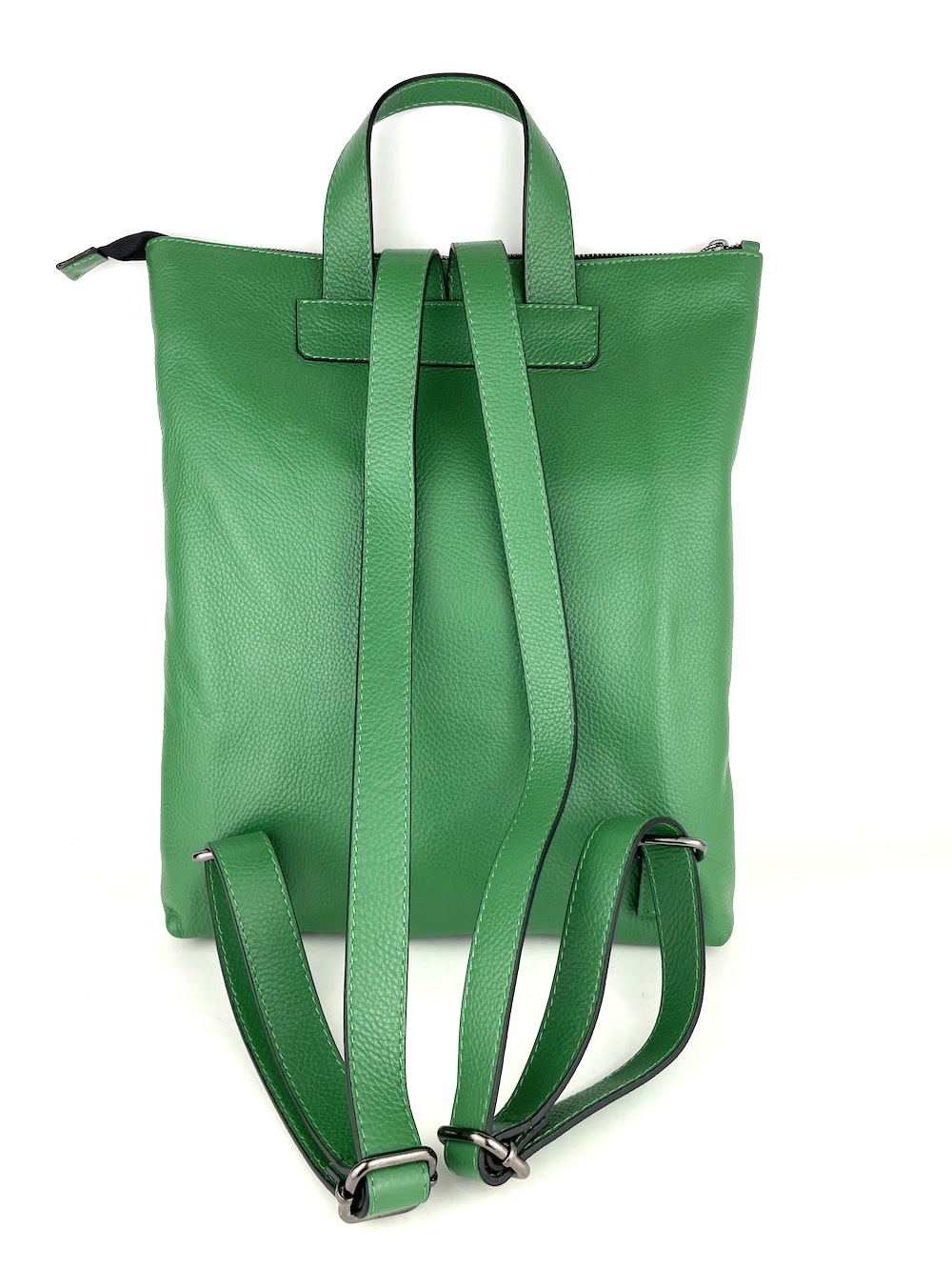 zaino-piatto-pelle-verde-ocra-cotone-fantasia-maioliche-blu-giallo-0003